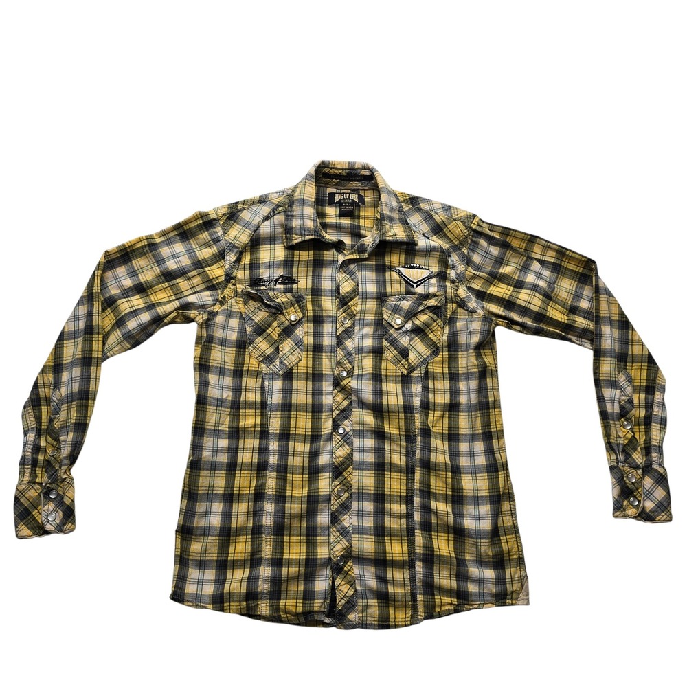 Ring of Fire Western Y2K Pearl Snap‎ Plaid Shirt Yellow Small